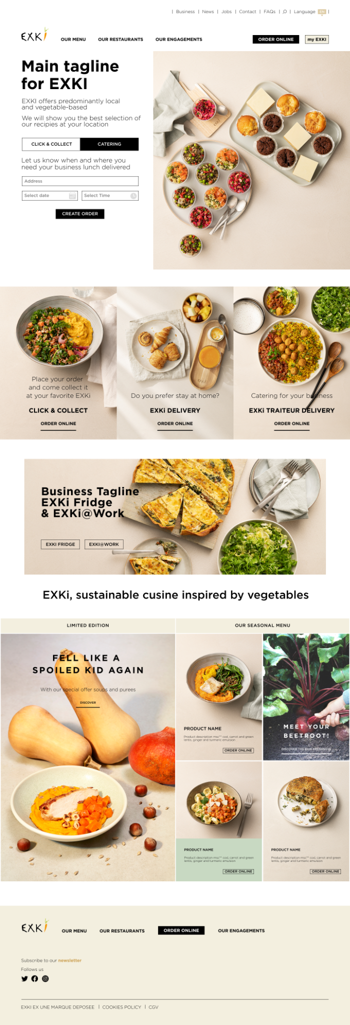 EXKi catering homepage with address, date and time fields, delivery options and seasonal food.