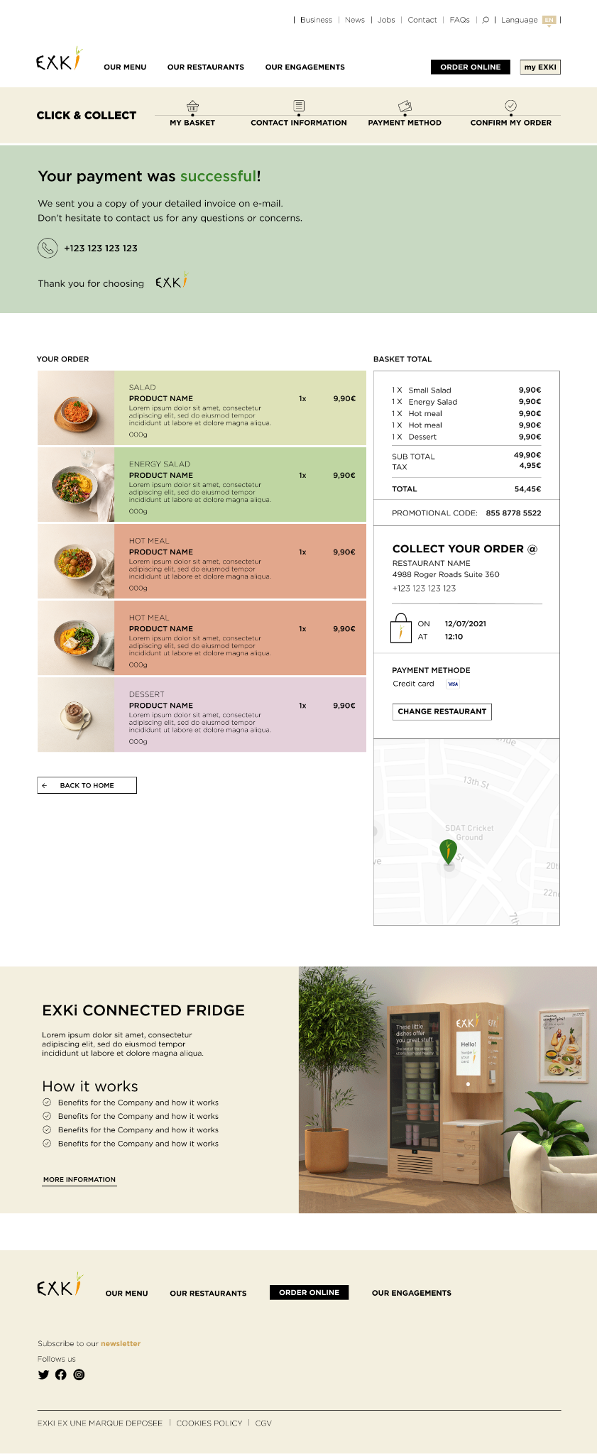 Order confirmation design with a successful payment message, basket summary and collection details.