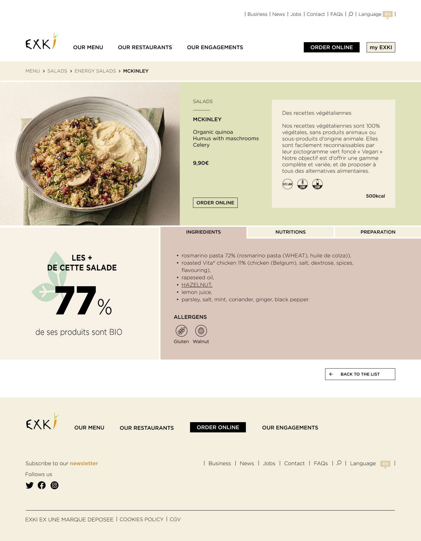 EXKi product page with food photography, price, order action and ingredient, nutrition and preparation tabs.