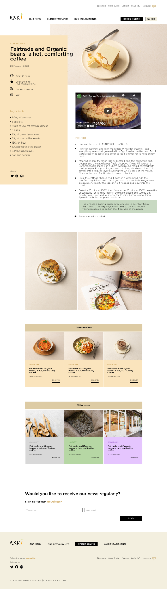 Recipe article design with ingredients, preparation instructions, video, food images and related content.