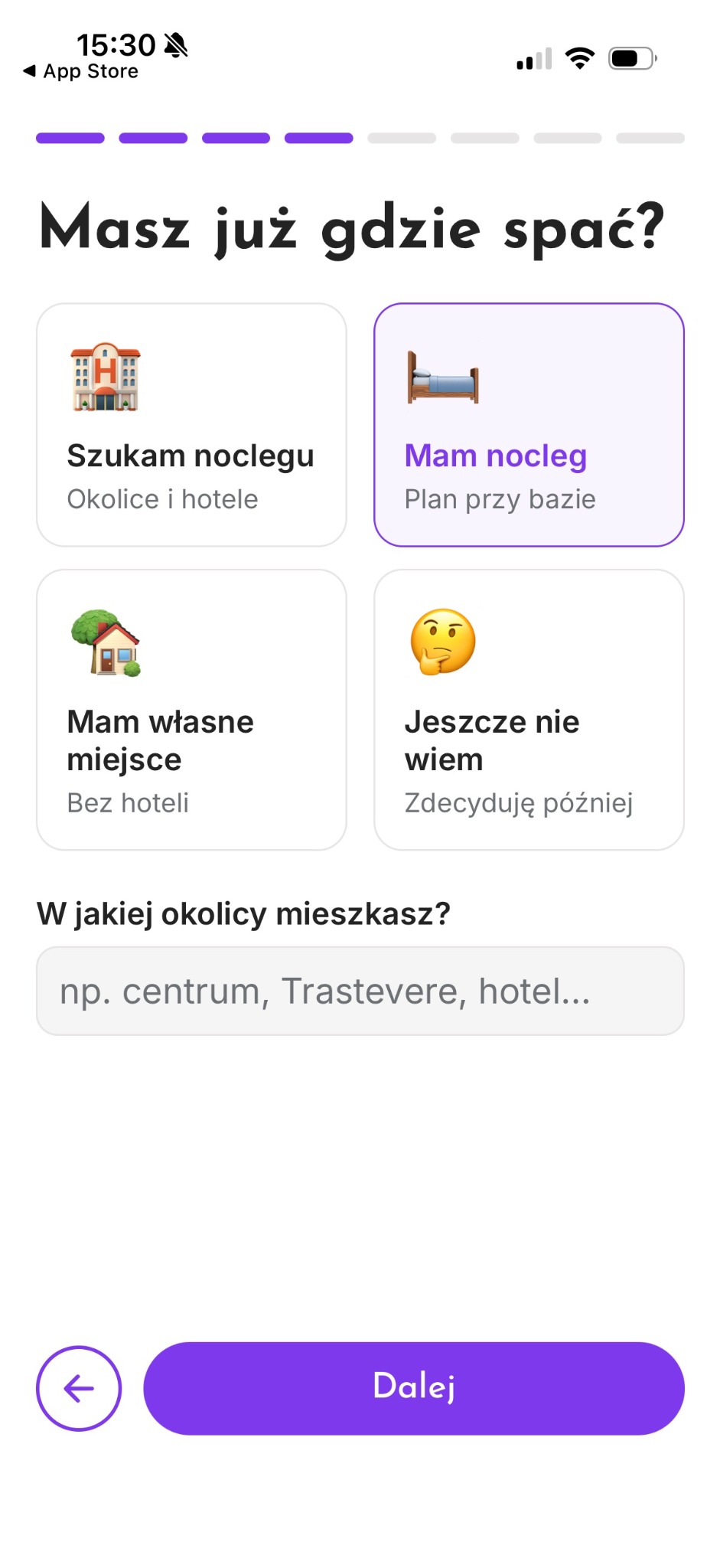 Accommodation preferences with an optional neighbourhood field.