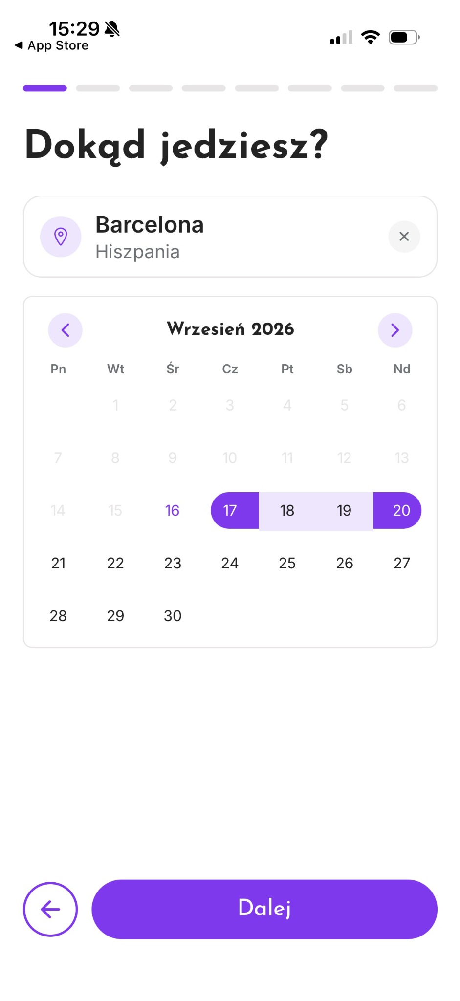 Destination selection and calendar date range for Barcelona.
