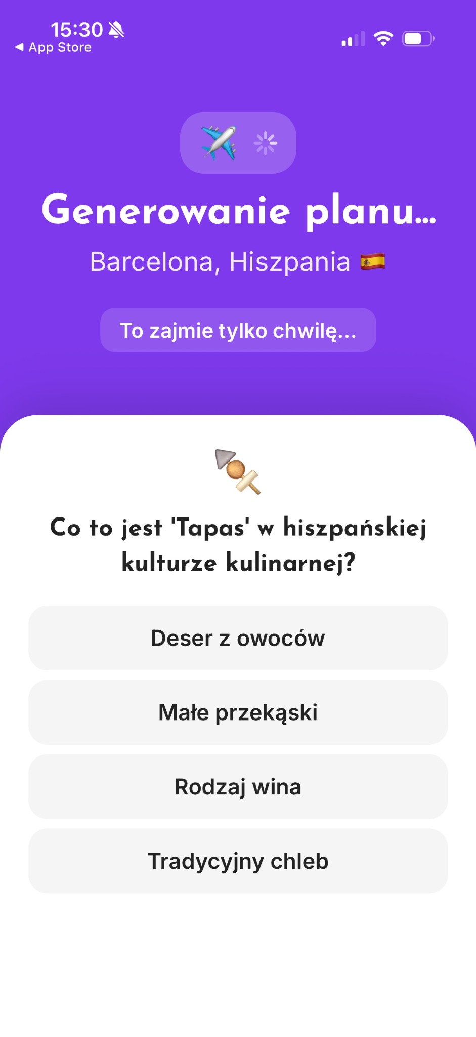 Plan generation screen with a destination-themed quiz during the wait.