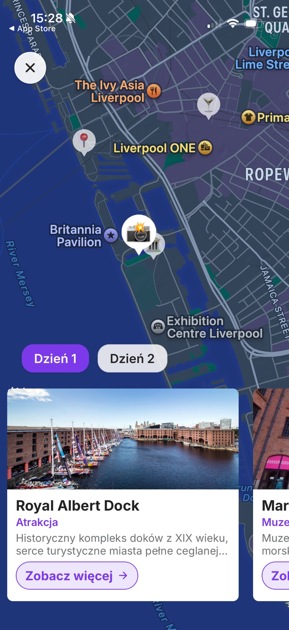 Liverpool map with day tabs, place markers and an attraction card.