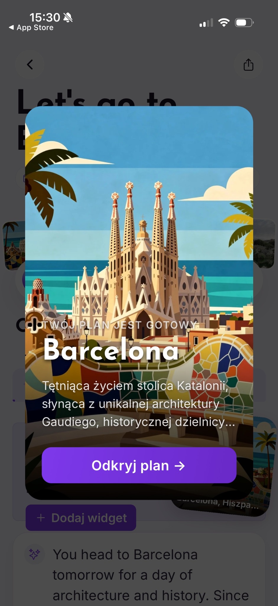 Barcelona plan-ready confirmation with an action to open the itinerary.