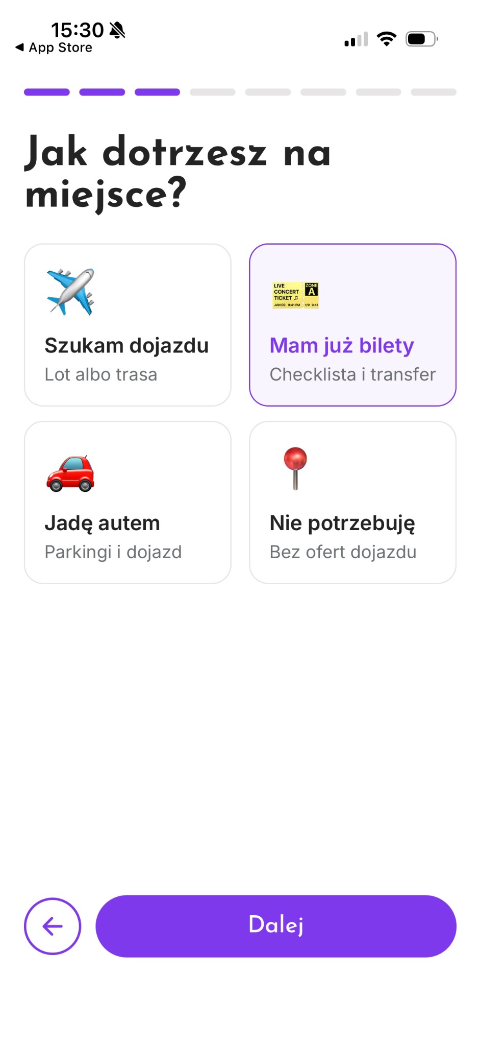 Transport preferences including finding transport, existing tickets and driving.
