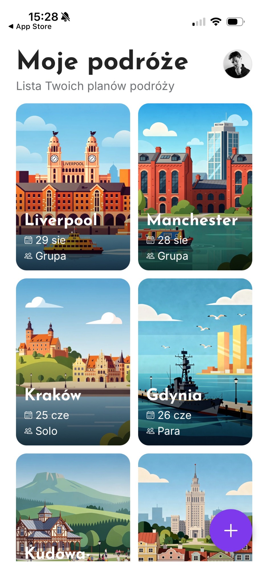 Saved trips presented as illustrated destination cards with dates and travel companions.