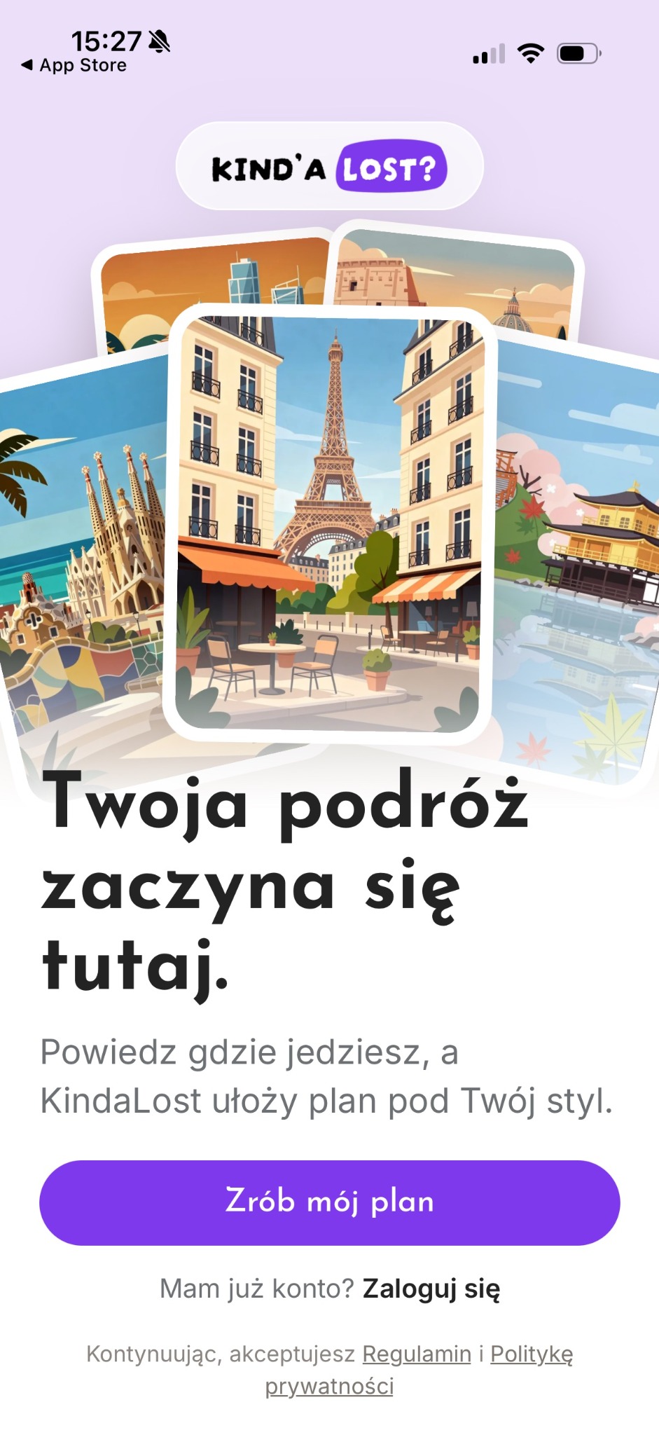 KindaLost welcome screen with illustrated destinations and a create-plan action.