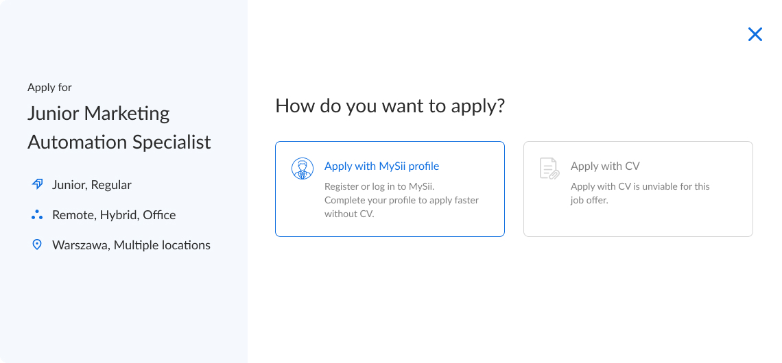 Alternative application state explaining that applying with a CV is unavailable for this offer.