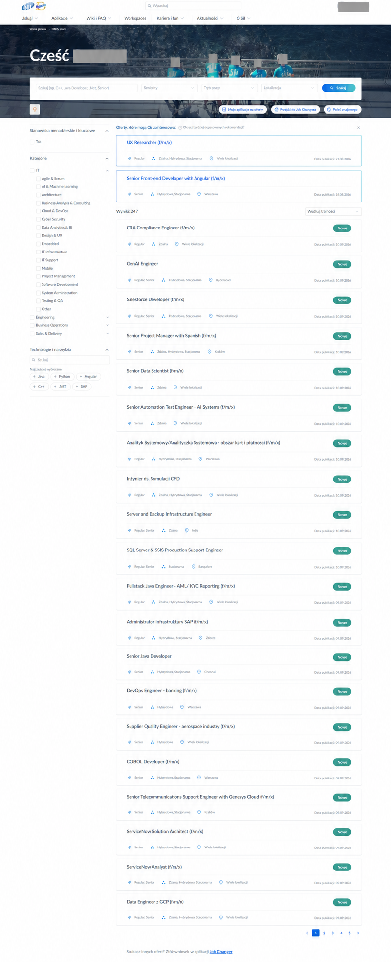 Job board: search controls, category and technology filters, recommended offers and results.