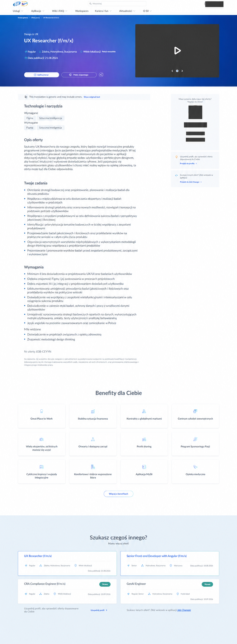 Job offer: role overview, application action, responsibilities, requirements and benefits. Personal details are concealed.