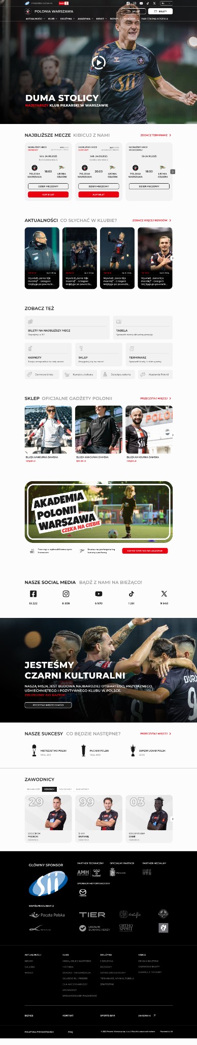 Polonia Warszawa homepage with upcoming matches and ticket buttons, club news, merchandise, social channels and team information.