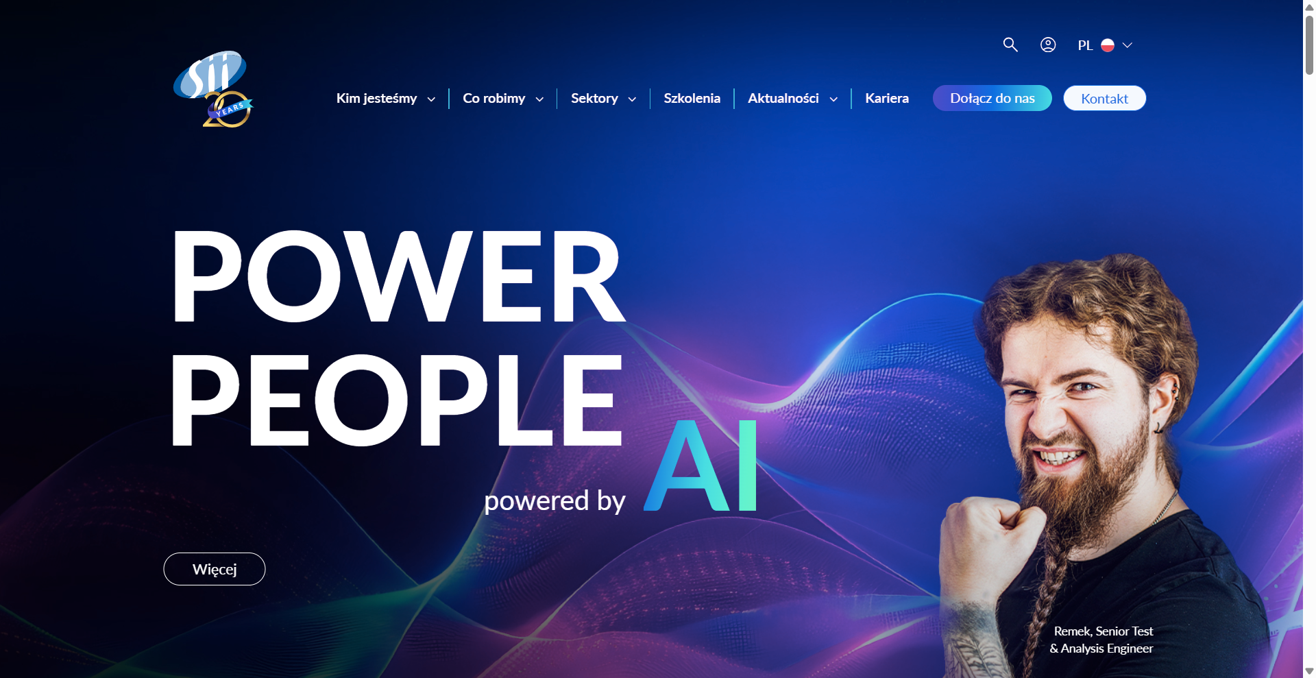 Sii homepage hero connecting the Power People message with AI and an employee portrait.